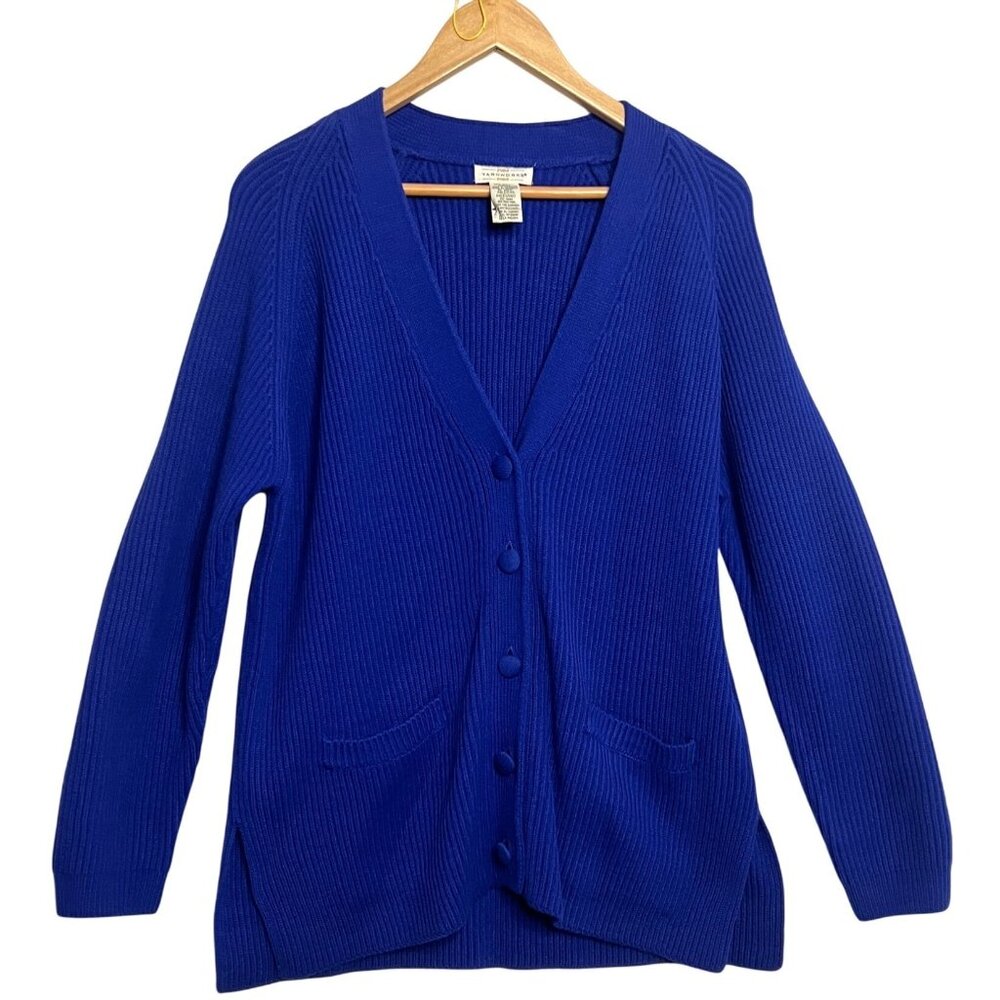 Yarnwork Women Medium Blue Button-Up Cardigan Sweater With Ribbed Knit & Pockets